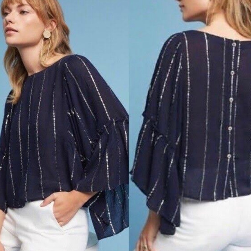 Navy & Silver Stripe Button Detail Back and Bell Sleeve blouse